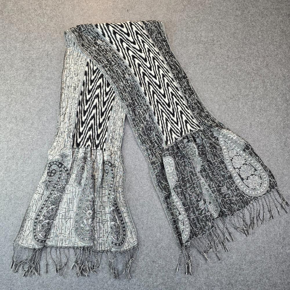 Pashmina Scarf Wrap Black White Zig Zag Paisley Print Crinkle Textured Fringe